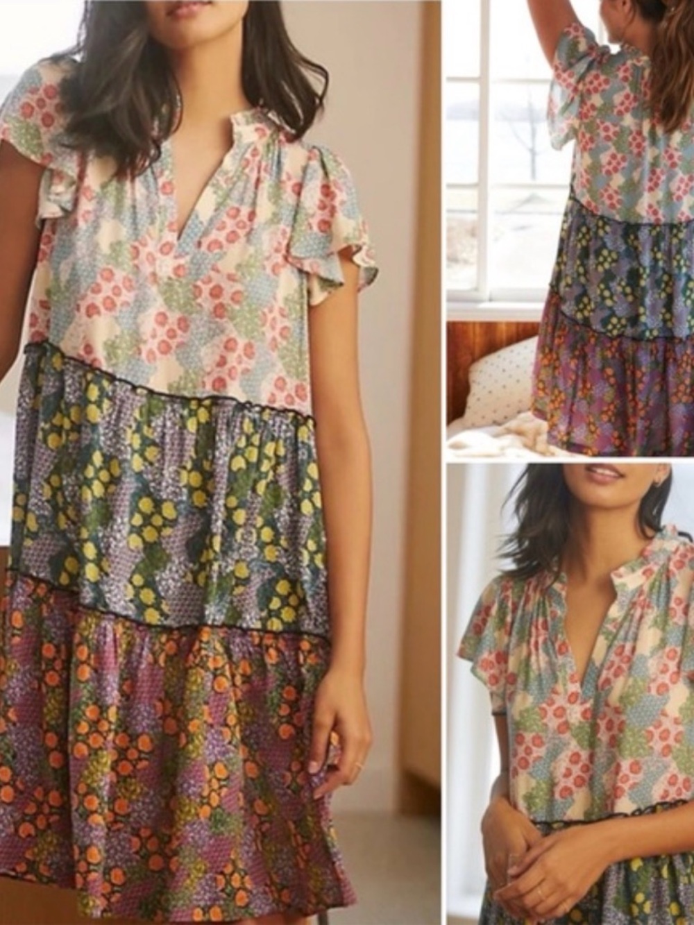 Anthropologie Penrose Floral Patchwork Tiered Tunic Mini Dress XS